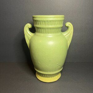 Antique Stoneware Matte Green Pottery Art Flower Vase w/ Double Handles 8"